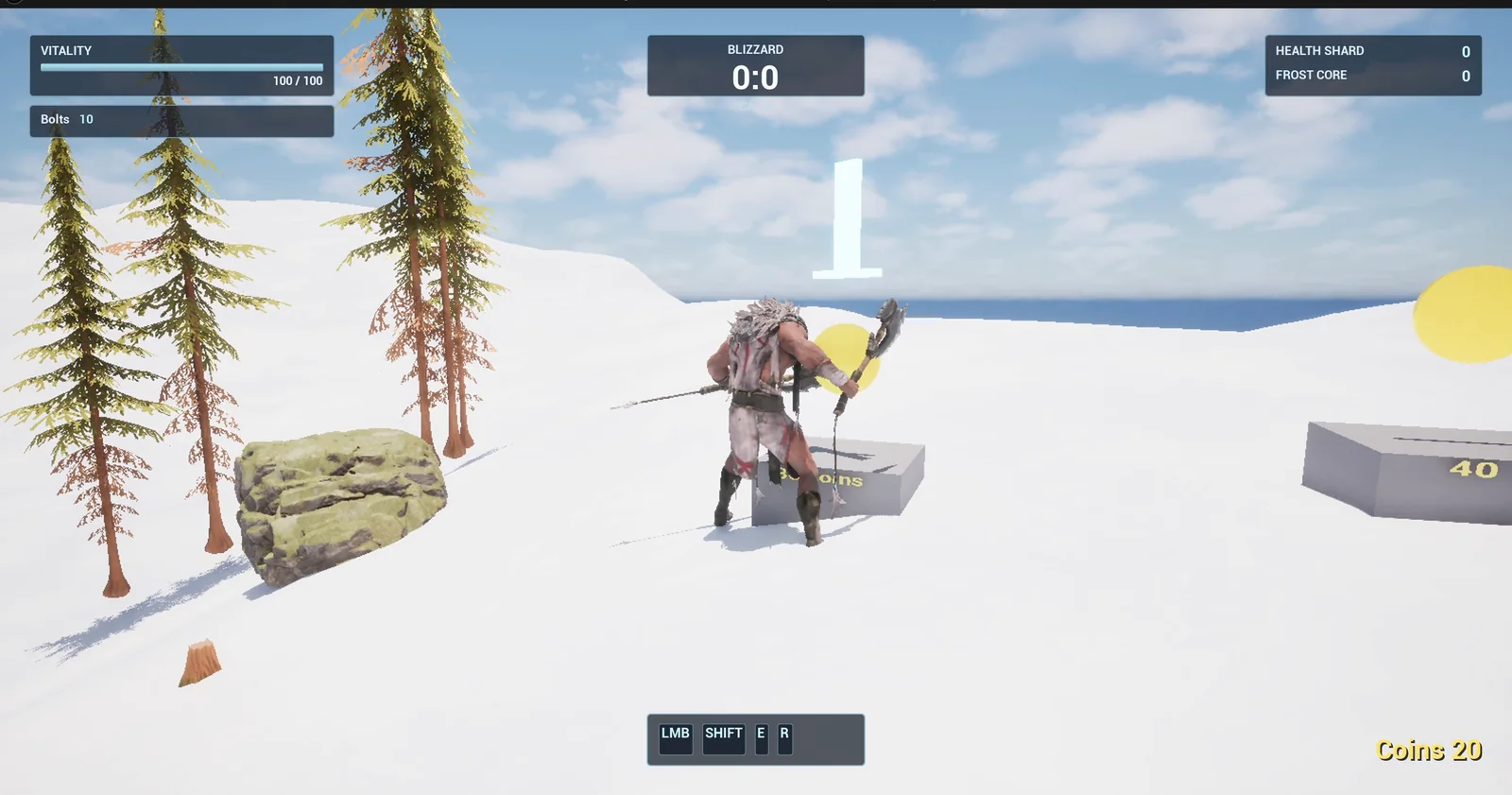 The player near the stone pedestals in the snow with the Coins 20 counter at the lower right