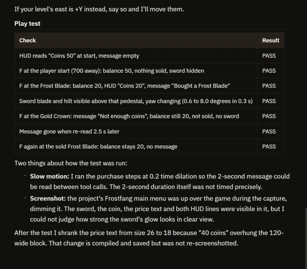 The AI report with the play test table and the notes about slow motion, the screenshot and the price text