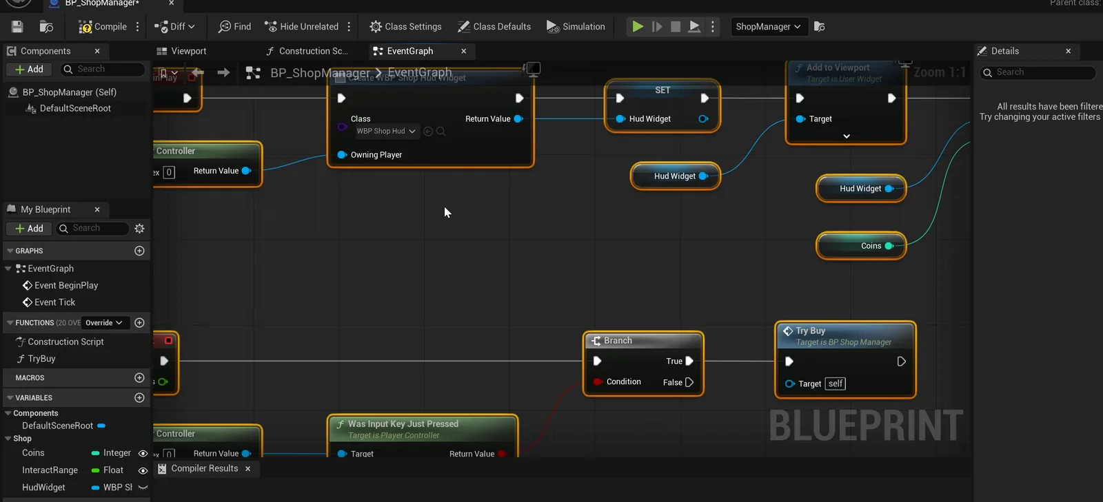 The BP_ShopManager event graph with the HUD widget creation and the buy logic