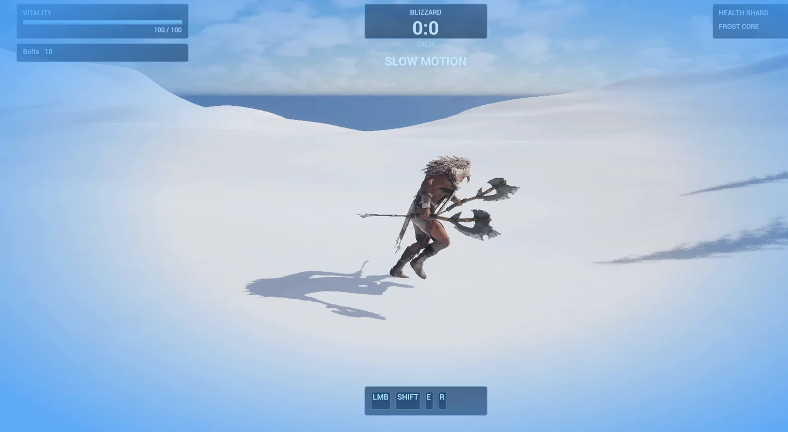 The player running through snow with a blue vignette over the screen and the SLOW MOTION text near the top