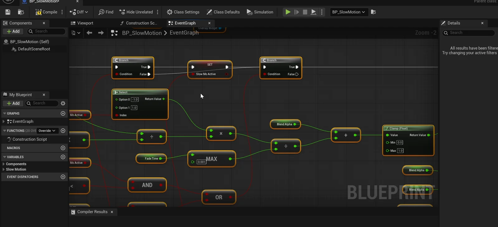The BP_SlowMotion event graph with the toggle and blend logic