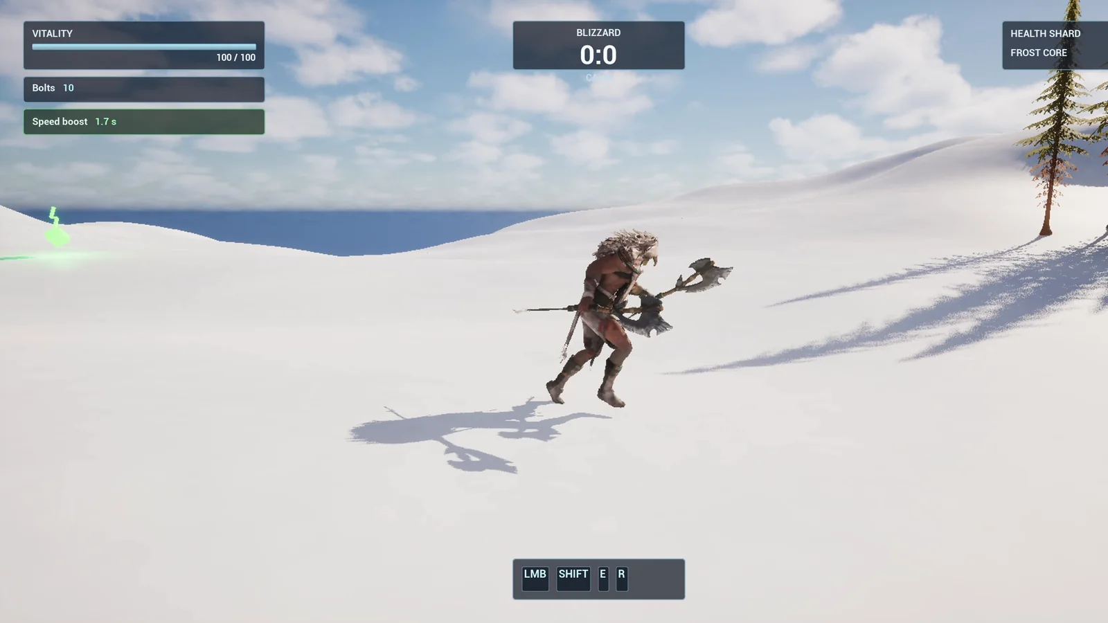 The player running with the Speed boost 1.7 s panel in the top left corner