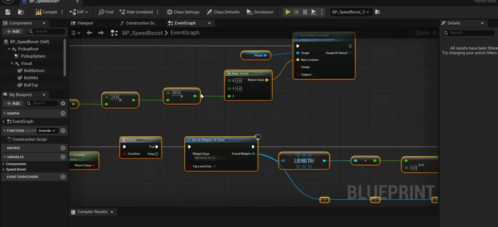 The BP_SpeedBoost event graph with the overlap logic and the timer widget lookup