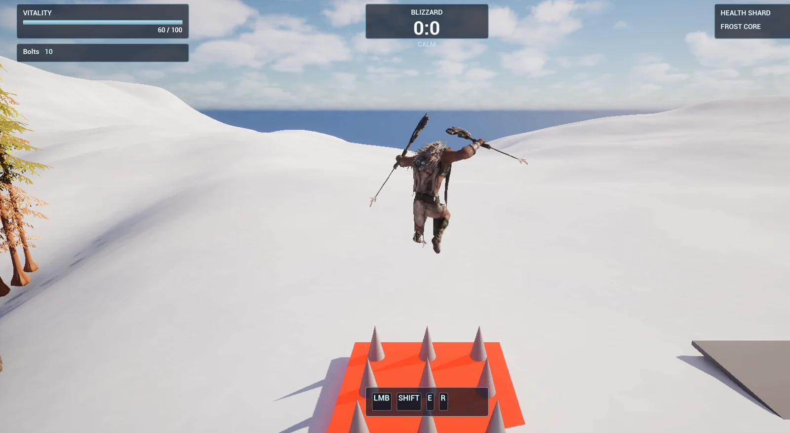 The player flung into the air above a red glowing plate with raised grey spikes