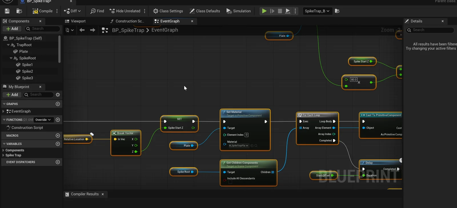 The BP_SpikeTrap event graph with the cycle, the timeline and the hit check