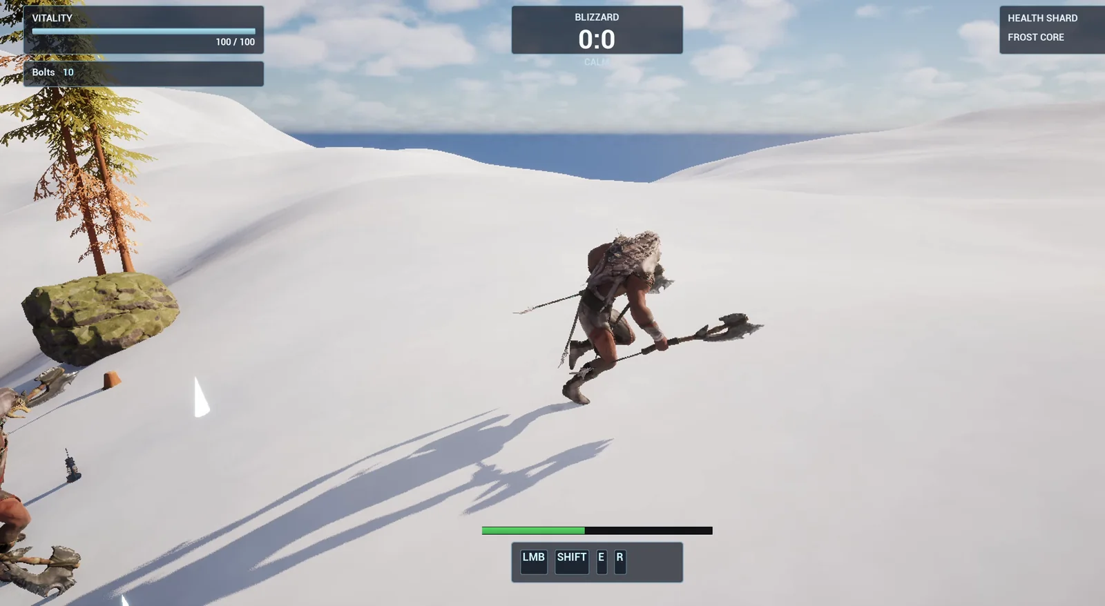 The player sprinting on the snow with the green stamina bar above the ability bar