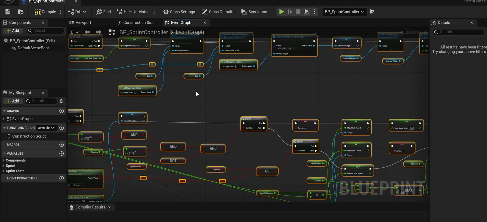 The BP_SprintController event graph
