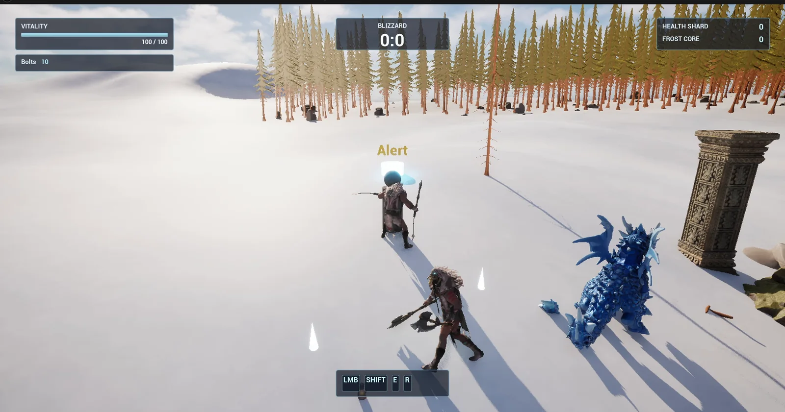 The guard with the orange Alert text above its head, next to its glowing post, with the player in front of it