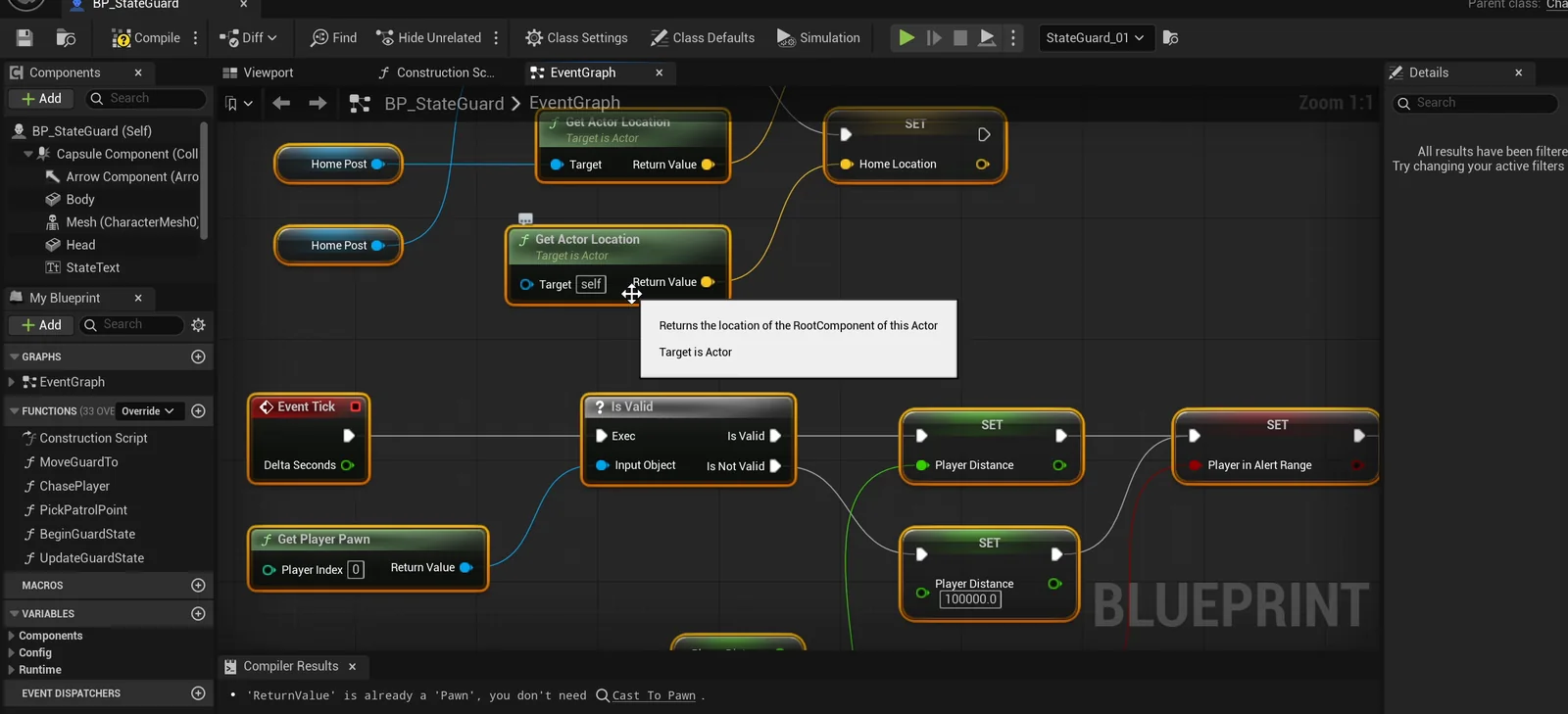 The BP_StateGuard event graph with Event Tick, an Is Valid check on the player pawn and the Player Distance and Player in Alert Range variables being set