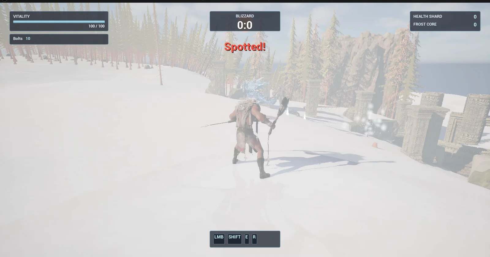 The red Spotted! text at the top of the screen with the player standing on the snow in the sentry's view