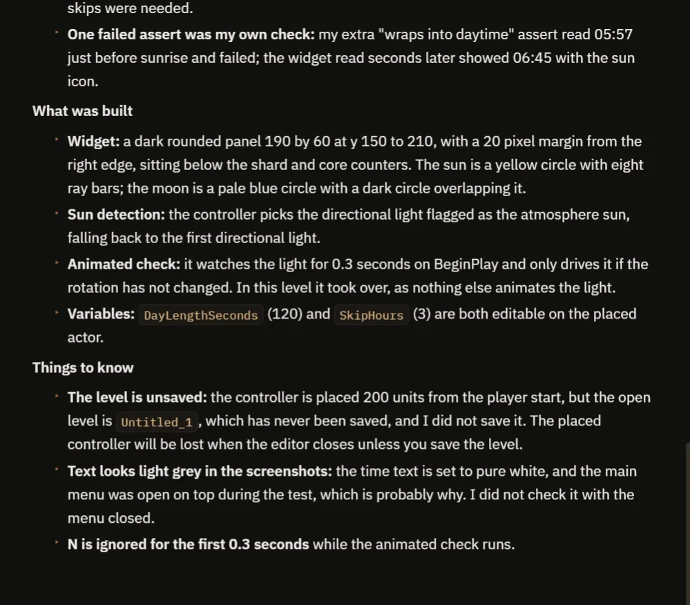The AI report with the failed assert, what was built and the things to know
