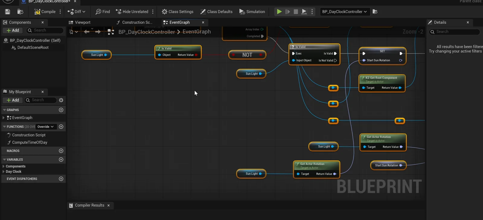 The BP_DayClockController event graph with the Sun Light variable, an Is Valid check, Get Actor Rotation and a stored Start Sun Rotation