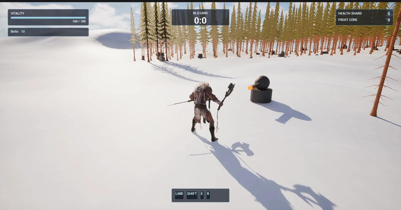 The turret with its round head and orange tip in the snow, with the player nearby