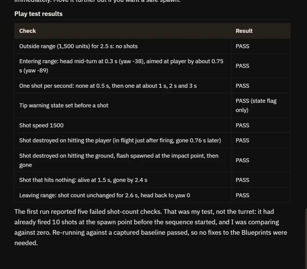 The AI report with the nine play test results and the explanation of the first failed counts