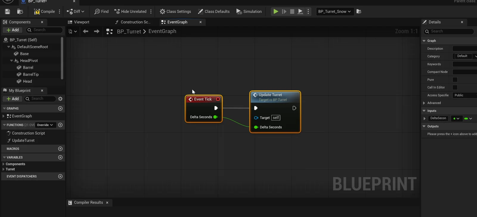 The BP_Turret event graph with Event Tick calling Update Turret