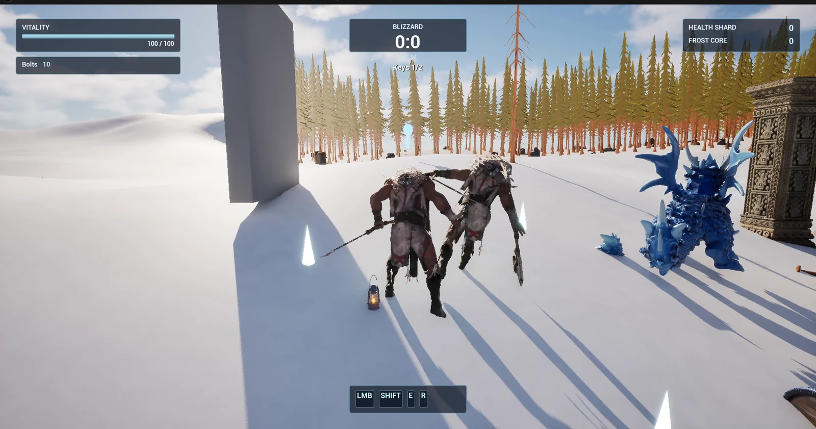 The player on the snow near the stone door with another character beside them
