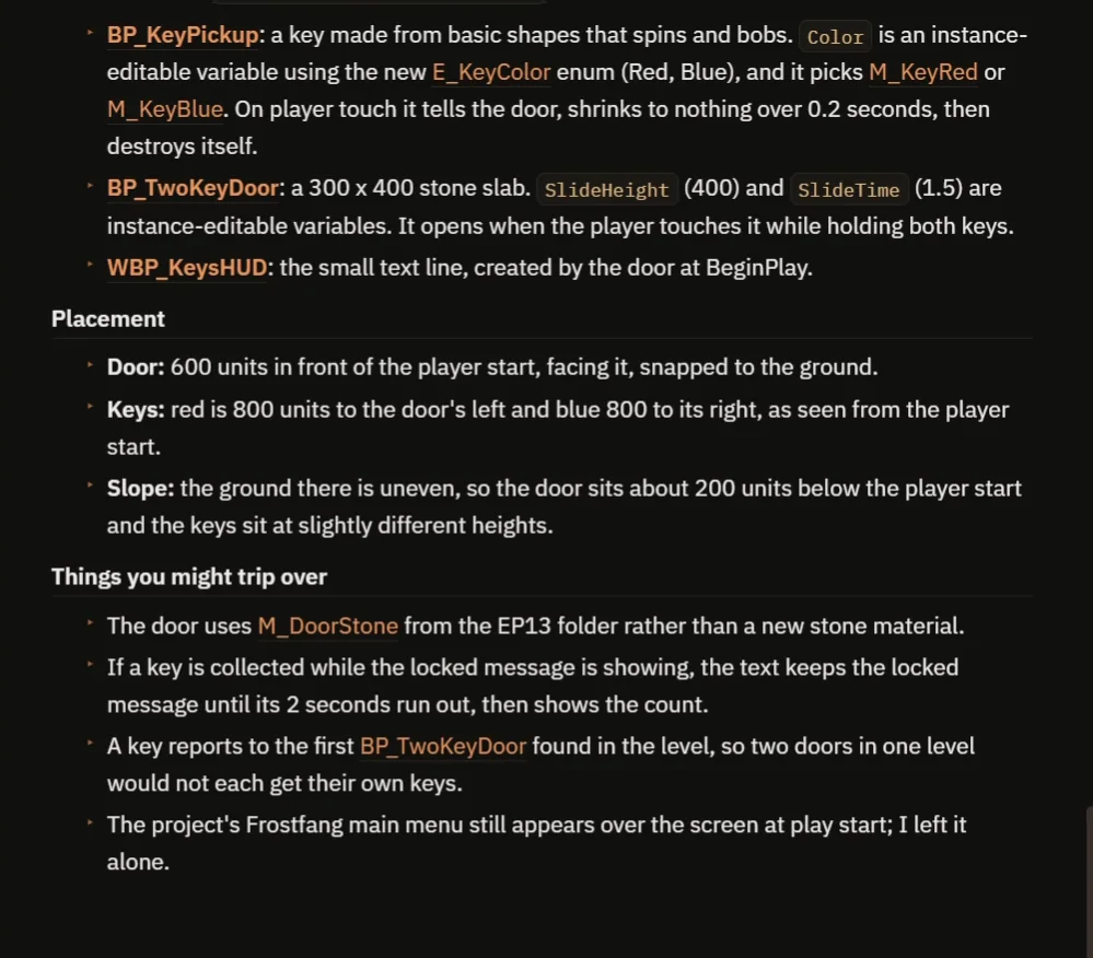 The AI report describing the key and door Blueprints, the placement and things you might trip over