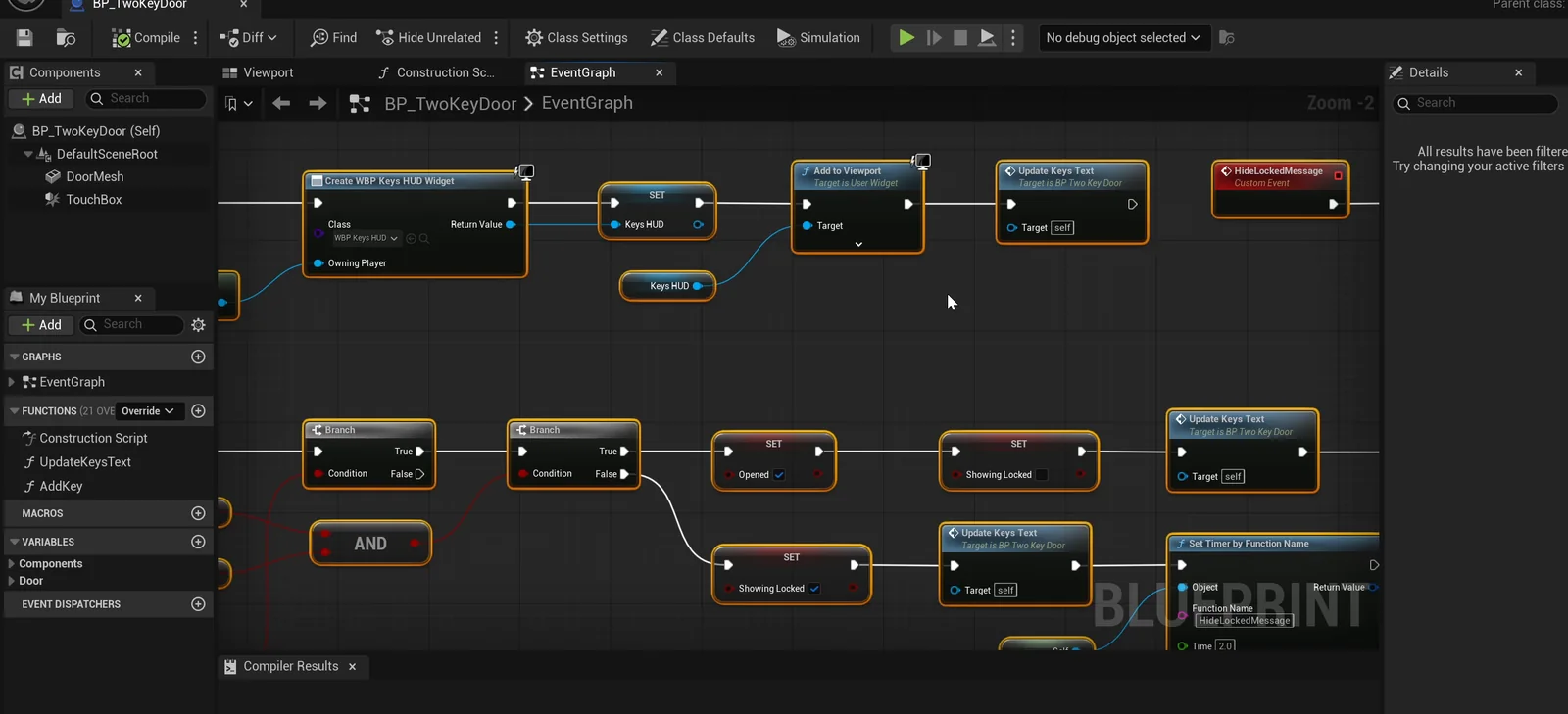 The BP_TwoKeyDoor event graph with the key checks and the slide timeline