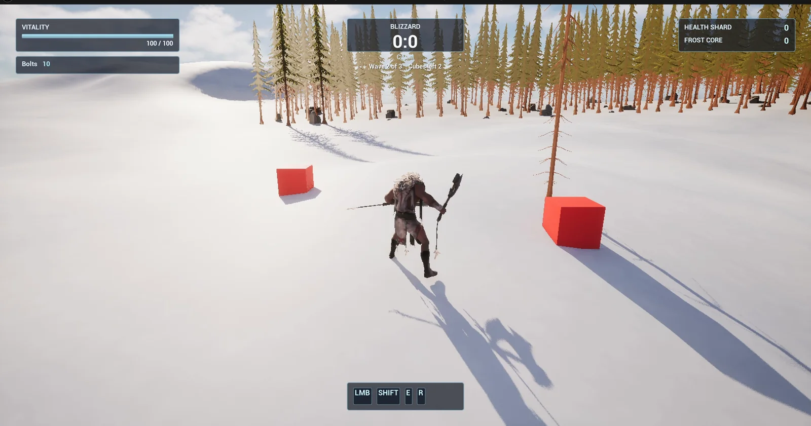 The player standing in the snow with two red chaser cubes running toward them