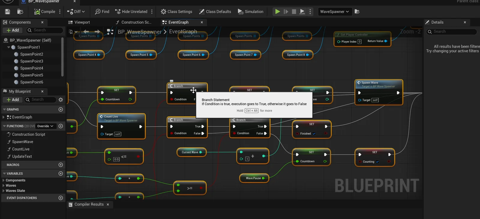 The BP_WaveSpawner event graph with the countdown, the spawn and the cube counting