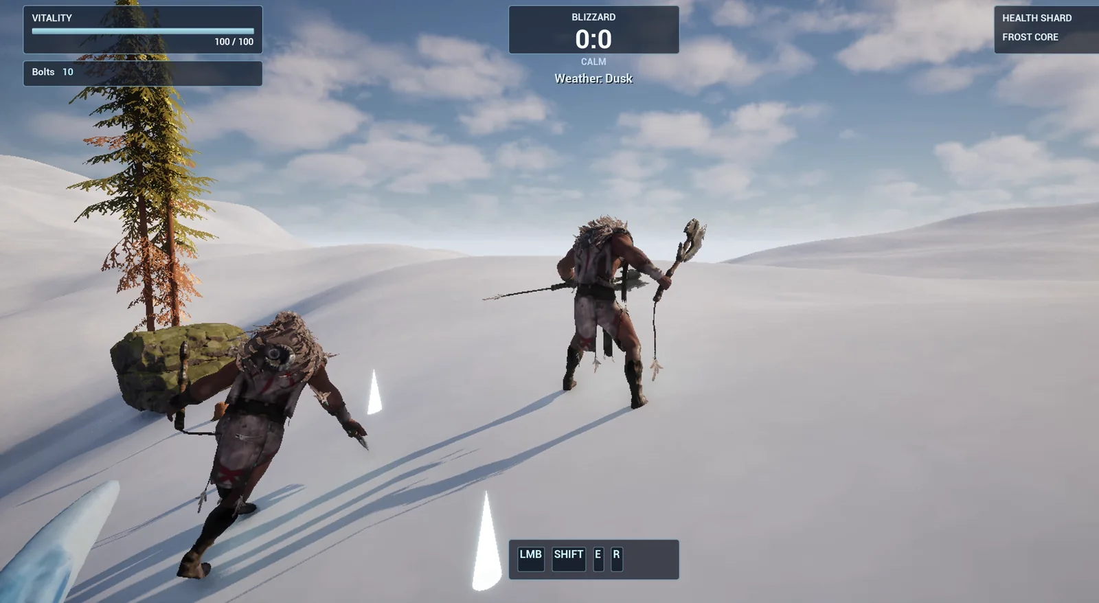 Two characters in the snow with a Weather: Dusk label below the Blizzard box at the top of the screen