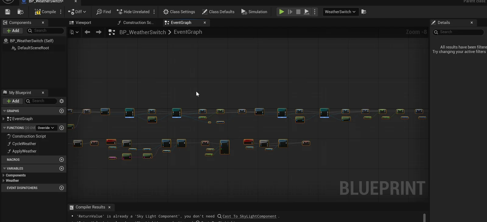 The BP_WeatherSwitch event graph