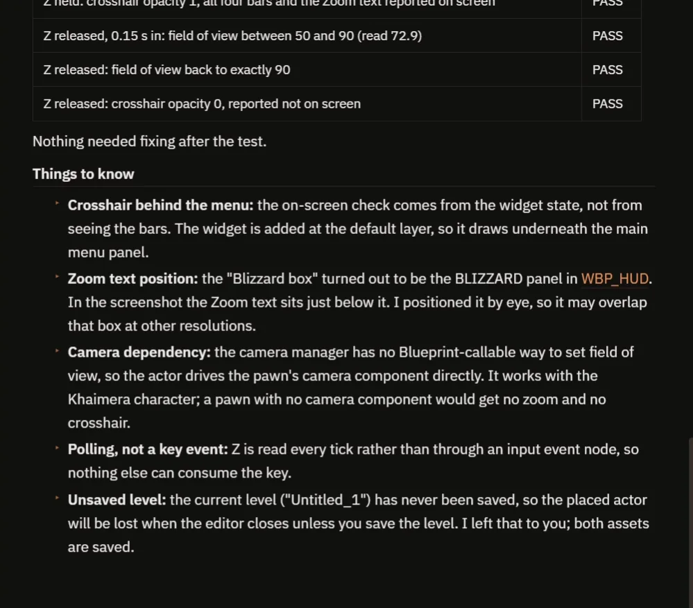 The AI report with the notes on the crosshair, the camera, polling and the unsaved level