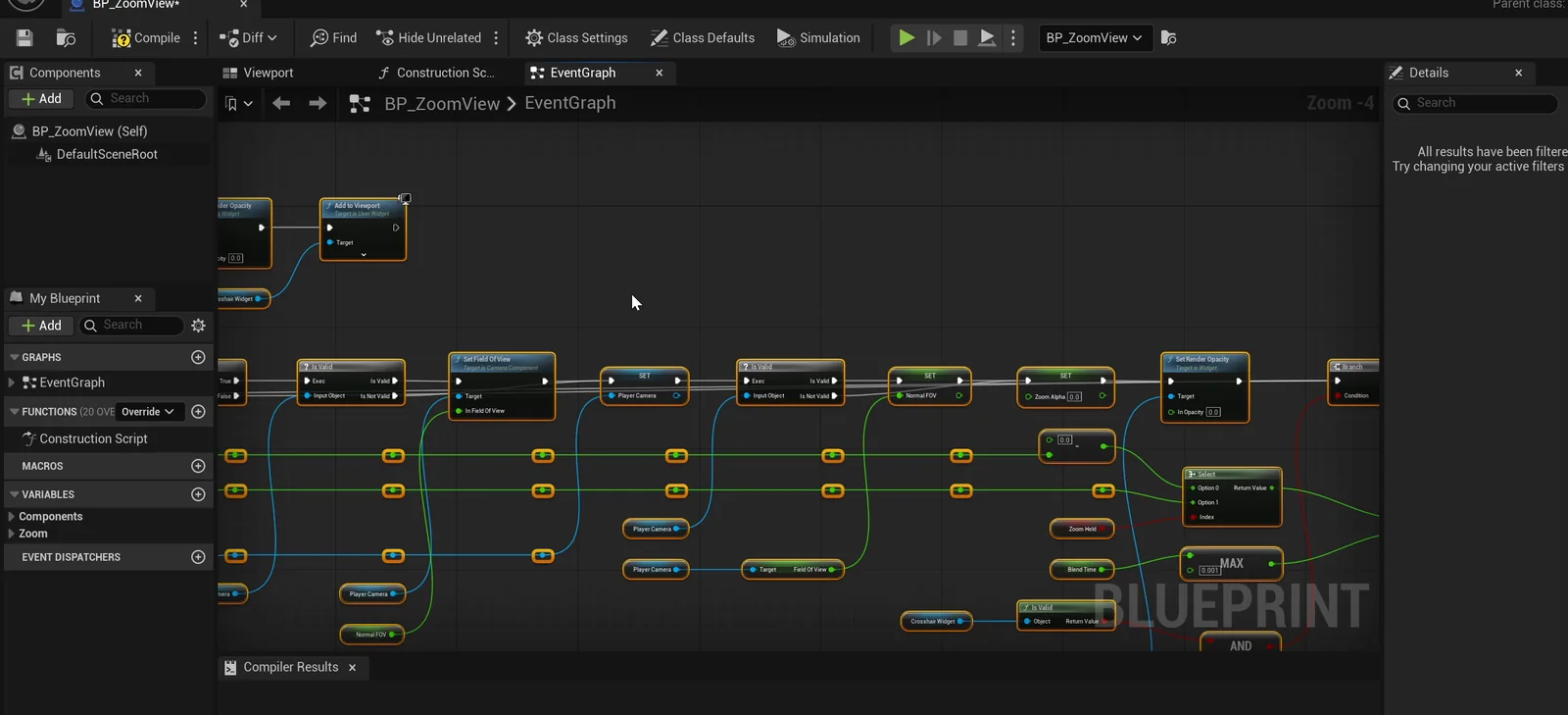The BP_ZoomView event graph driven by one blend value