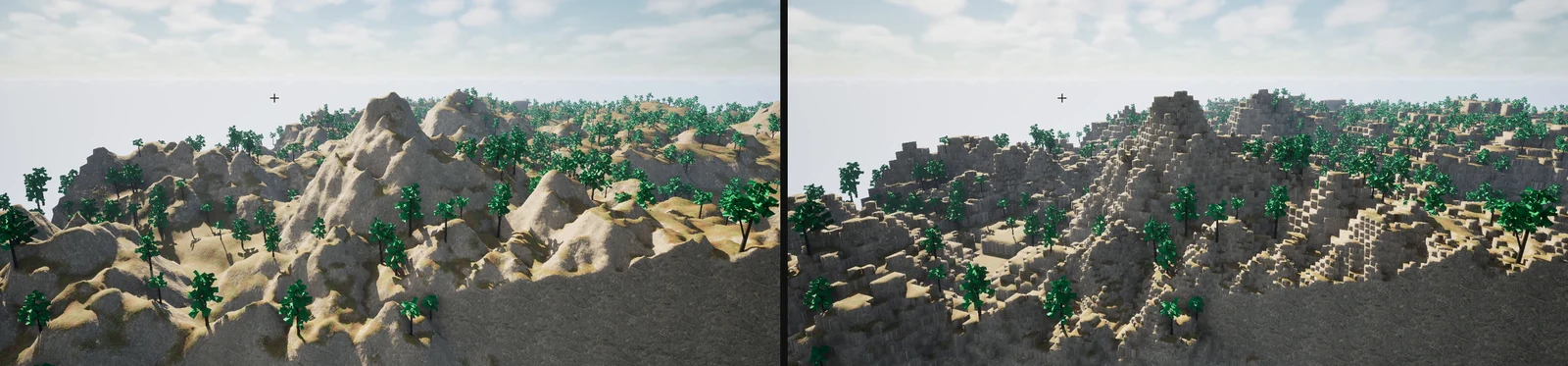 The same terrain smooth on the left and blocky on the right