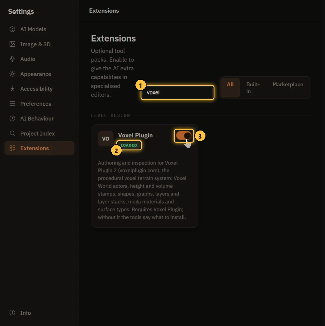 Settings > Extensions with the Voxel Plugin extension turned on