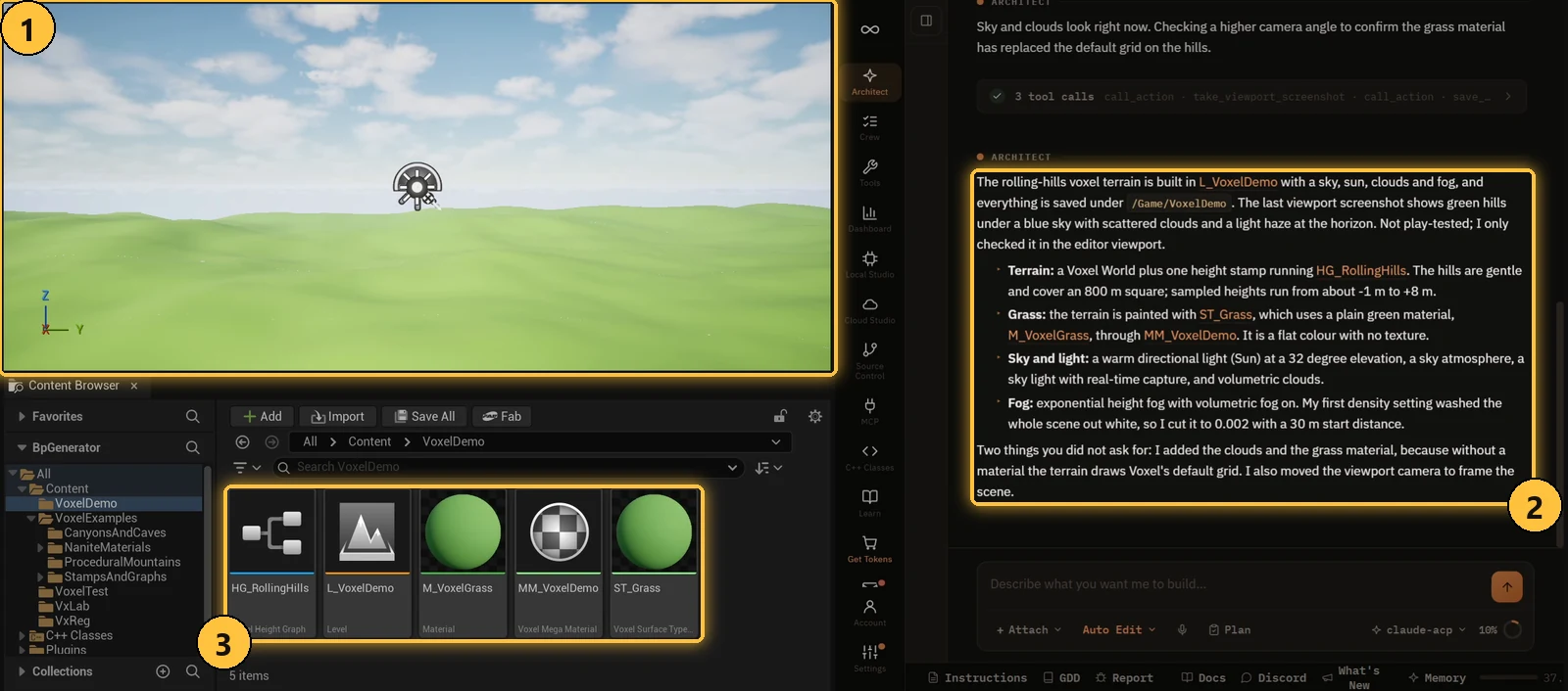 The finished rolling hills with the AI's summary and the assets it made