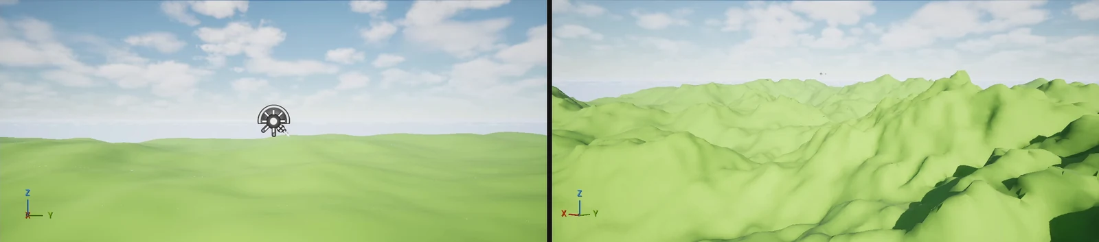 The same hills before and after asking for taller, more rugged terrain