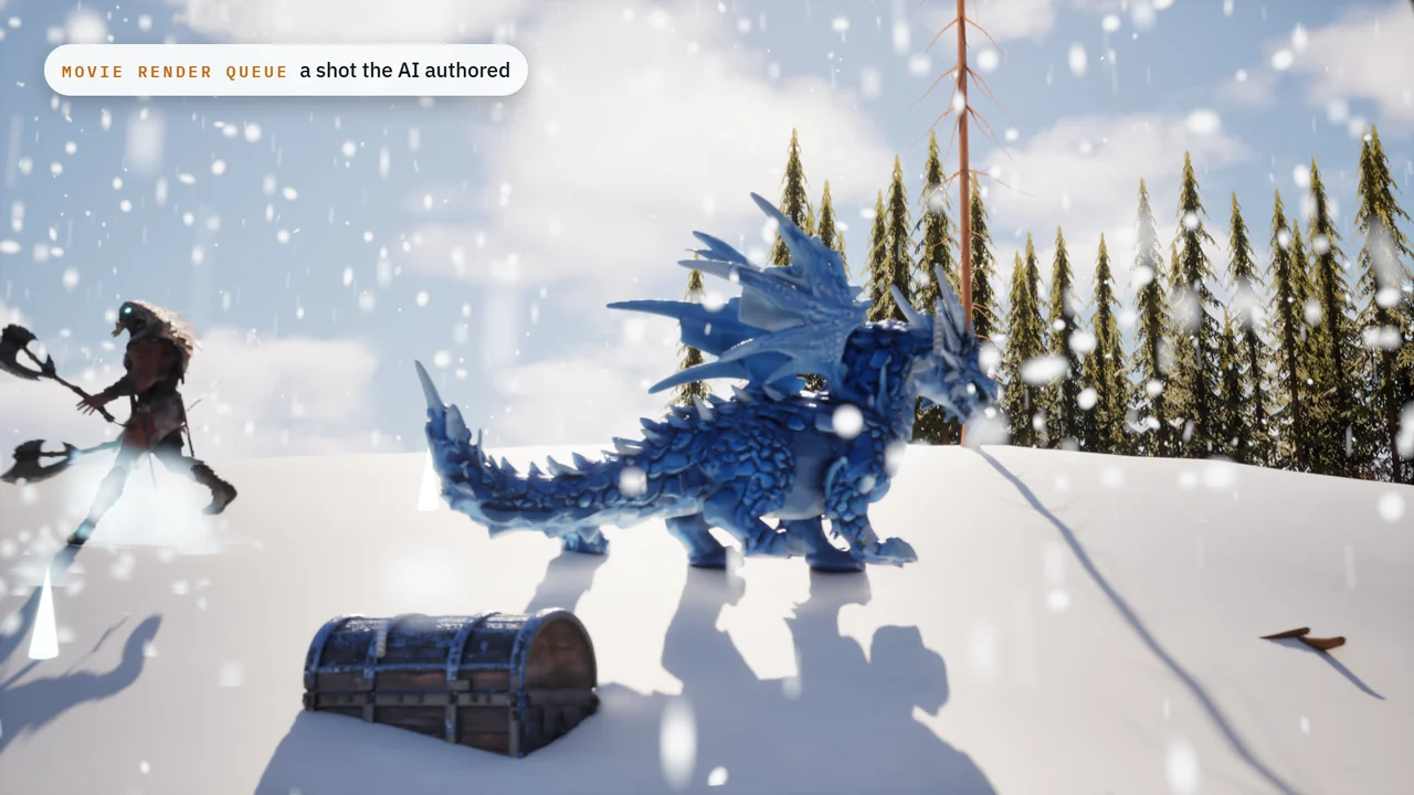 A frame from the cinematic the copilot authored and rendered with Movie Render Queue: the ice dragon in falling snow beside a treasure chest.