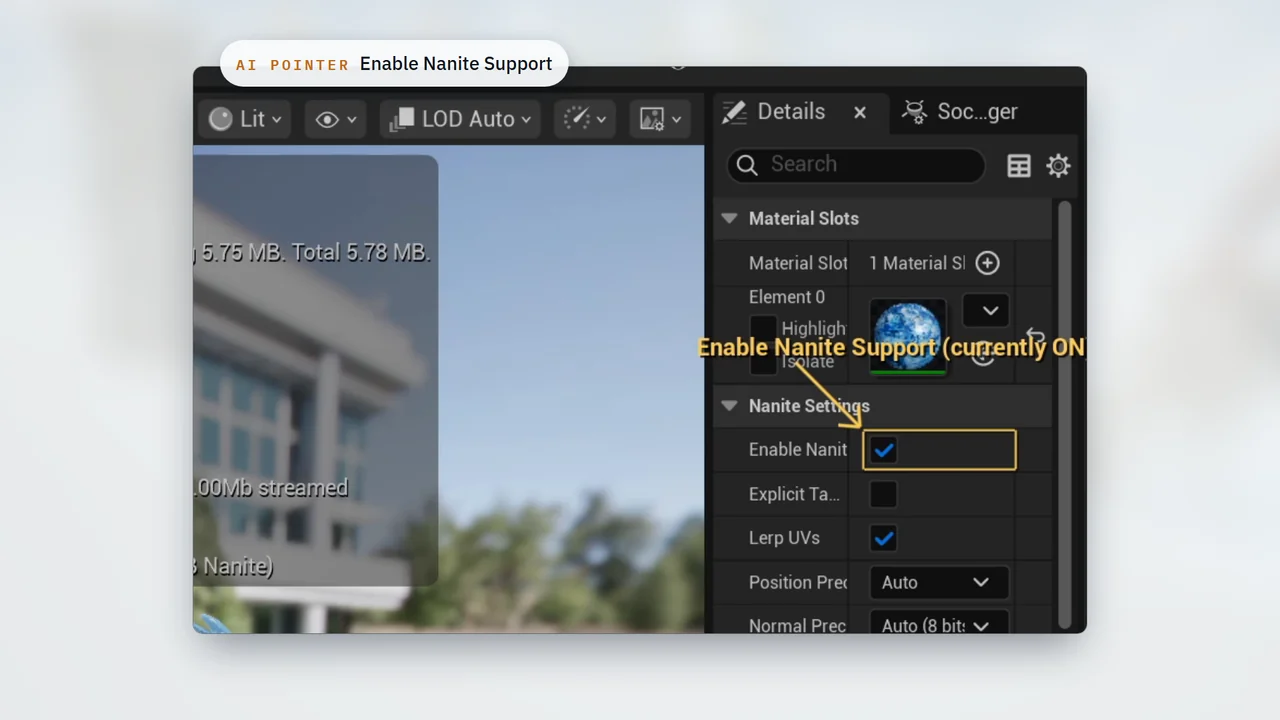 The copilot's on-screen pointer highlighting the Enable Nanite Support checkbox in the ice dragon's Details panel.